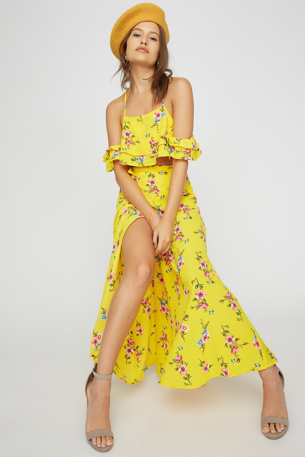Women Jupe maxi enveloppante fleurie à taille haute avec attache Jaune