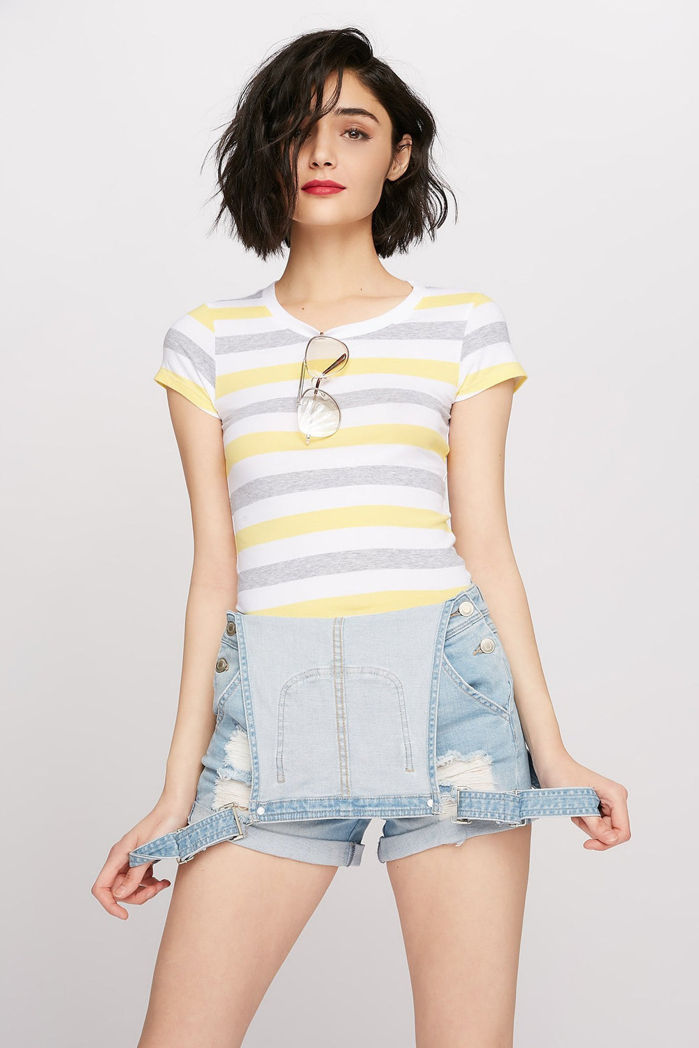 Women T-shirt rayé à encolure dégagée Jaune