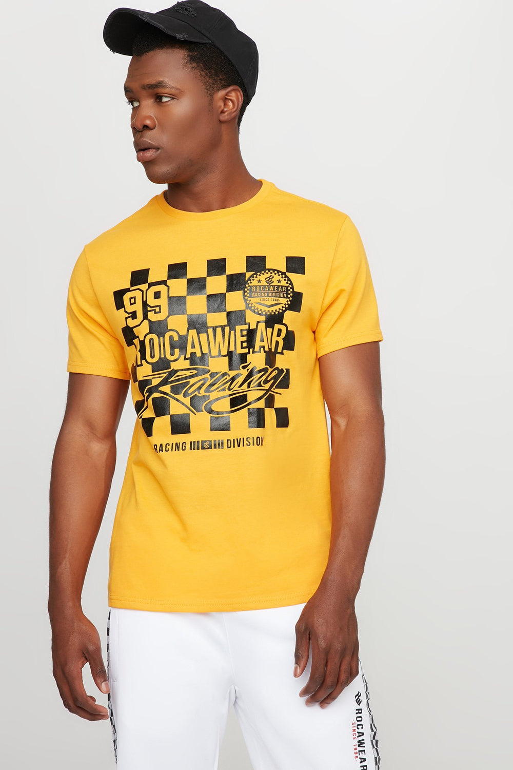 Men T-shirt Rocawear à carreaux avec imprimé Racing Jaune