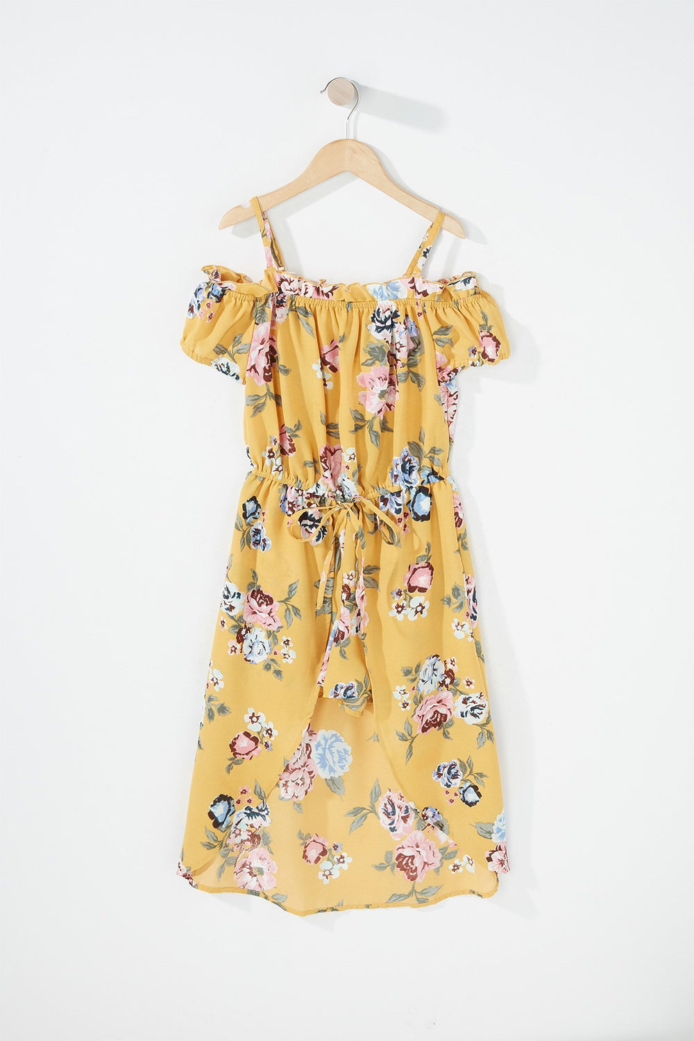 Kids Combi-short volanté fleuri à épaules dénudées et taille coulissante pour fille Jaune
