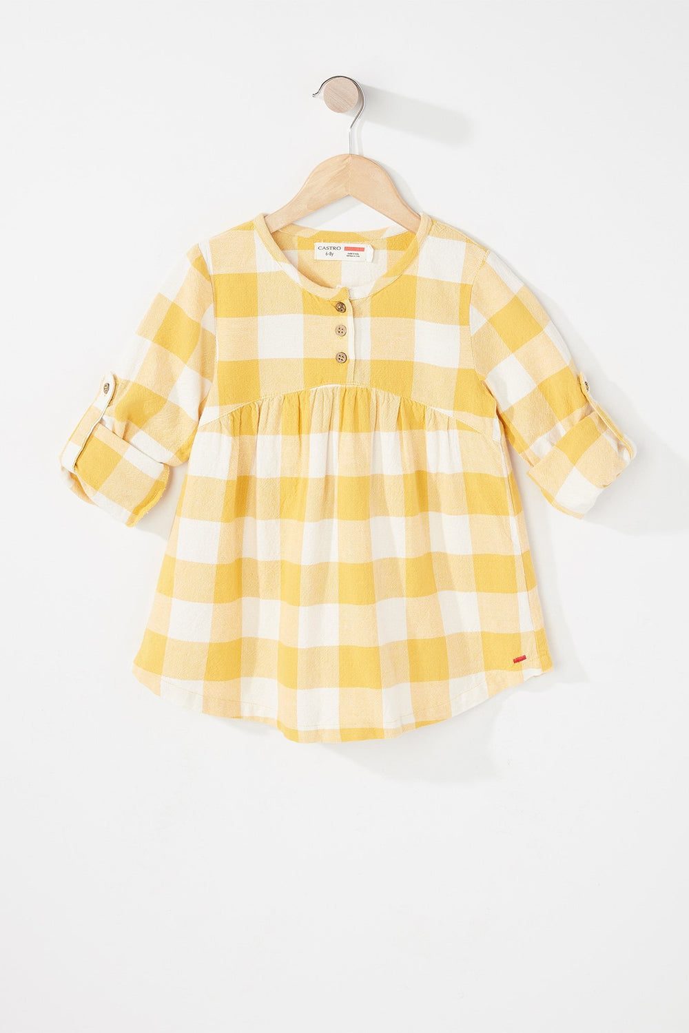 Kids Robe tissée à carreaux avec revers roulés pour fille Jaune