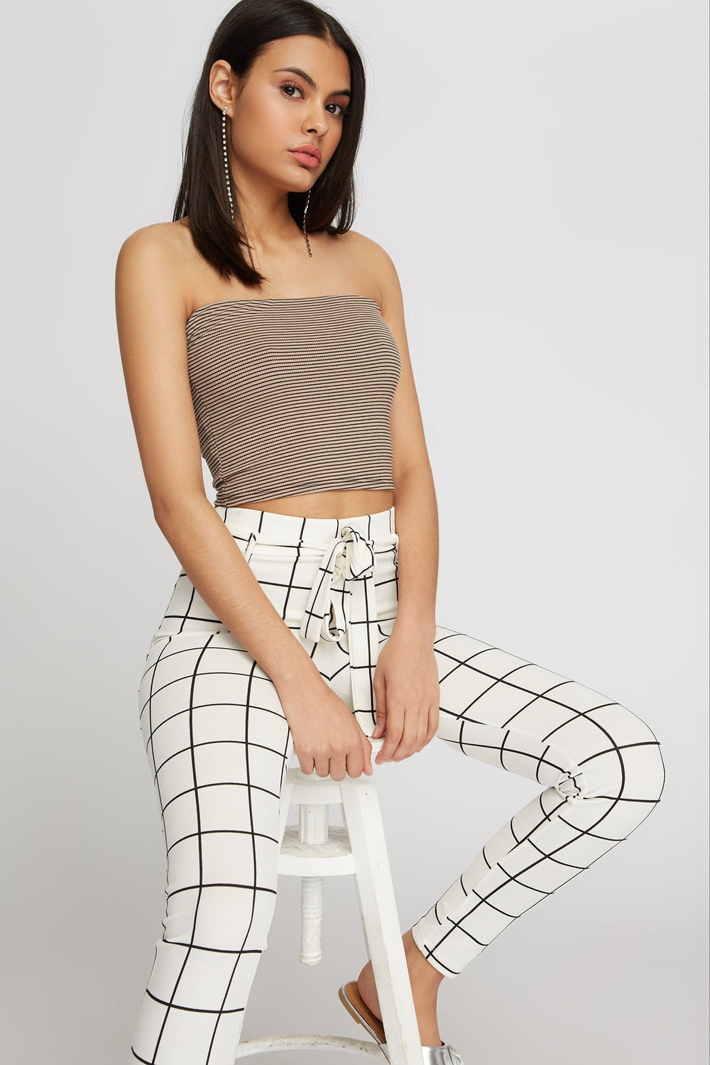 Women Bustier tubulaire côtelé rayé Kaki