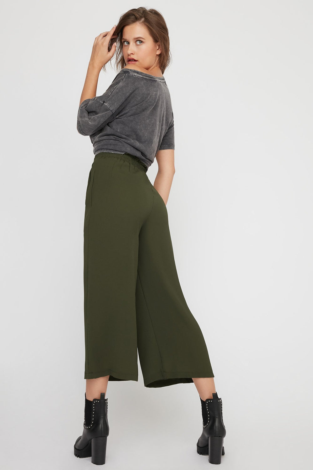 Women Jupe-culotte légère à taille haute avec attache Kaki