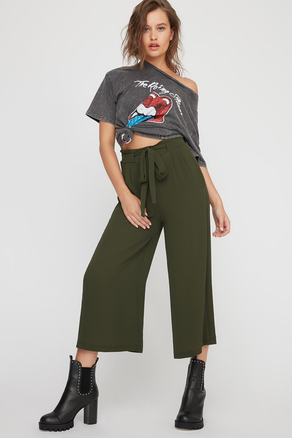 Women Jupe-culotte légère à taille haute avec attache Kaki