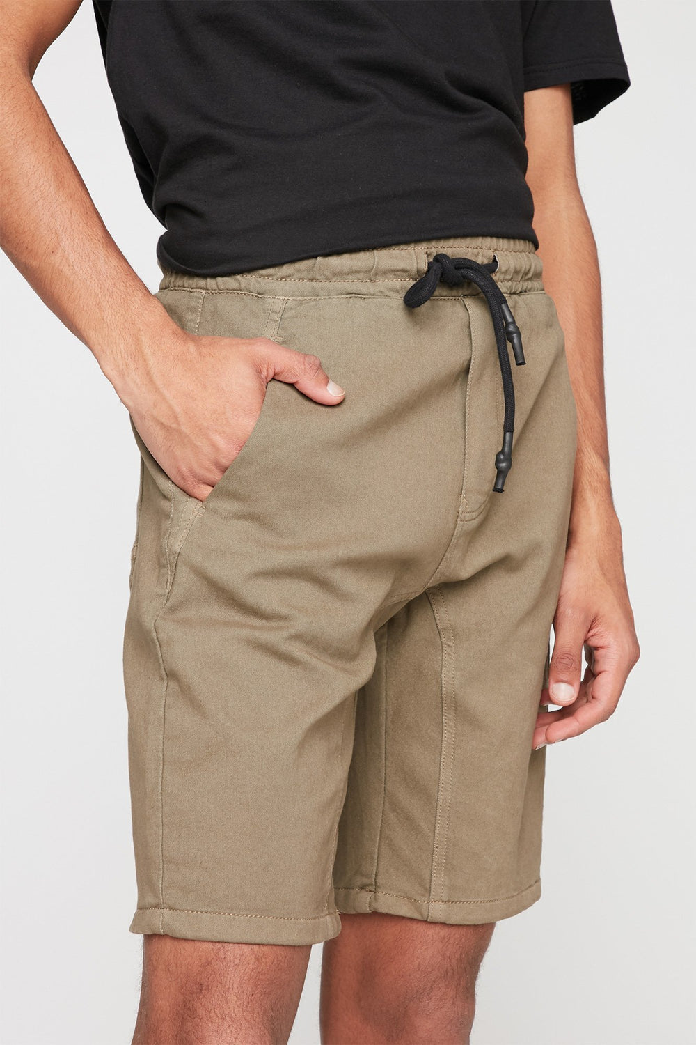 Men Short de jogging en denim à taille coulissante Kaki