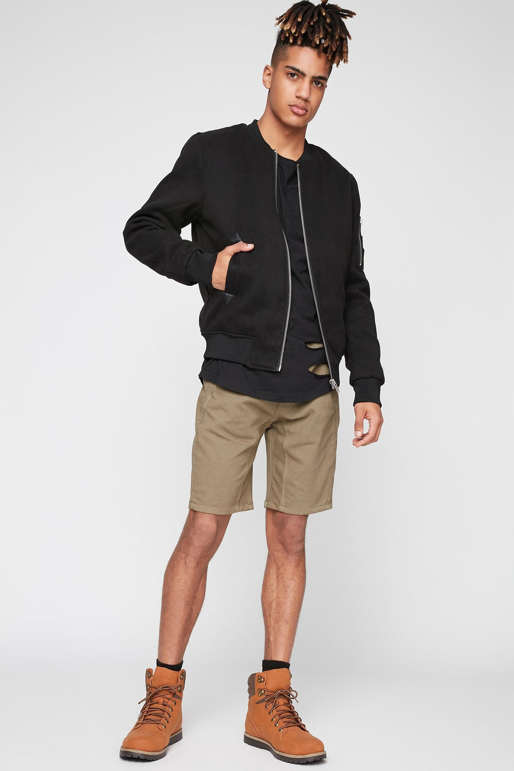 Men Short de jogging en denim à taille coulissante Kaki