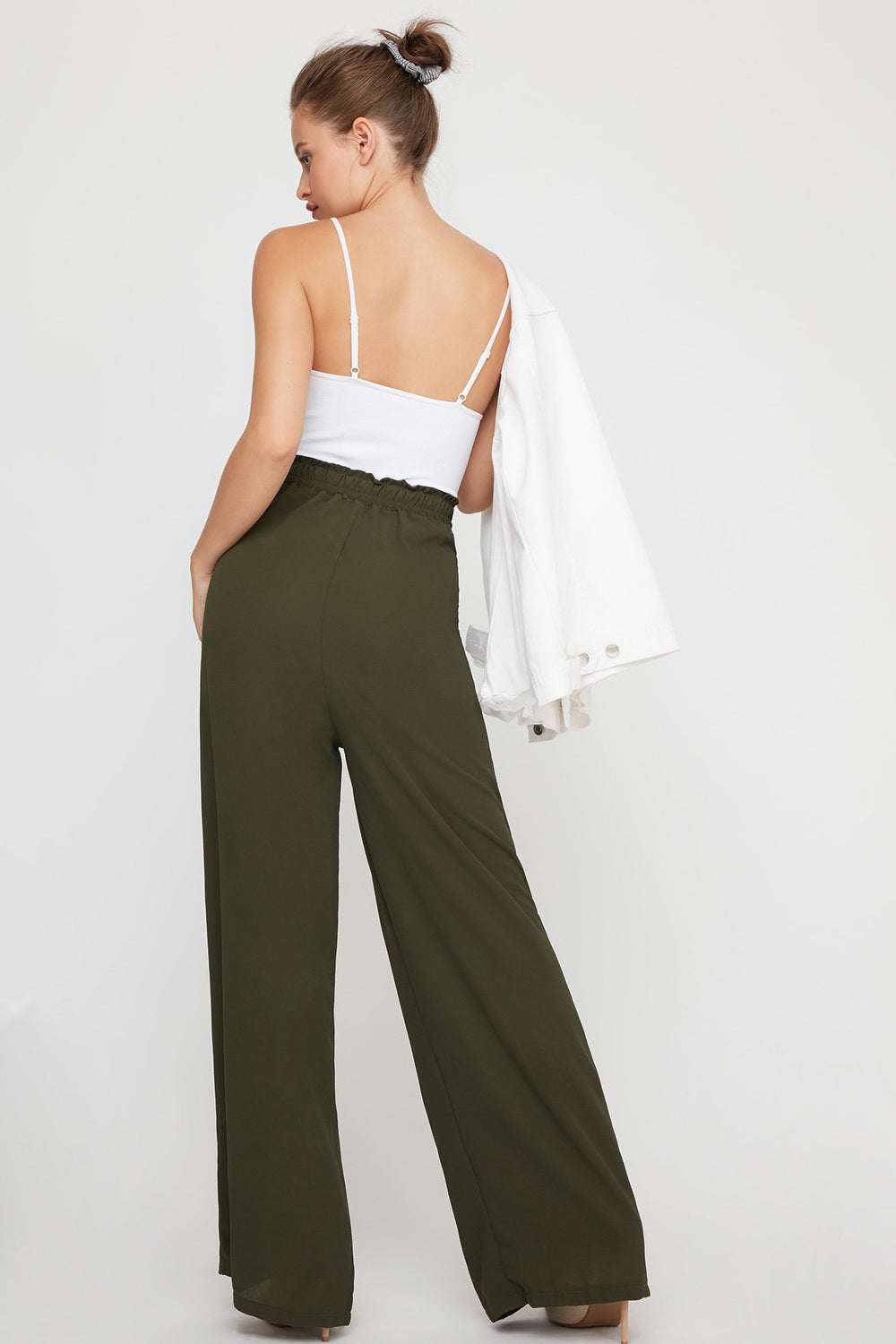 Women High-Rise Self-Tie Lightweight Palazzo Pant Khaki