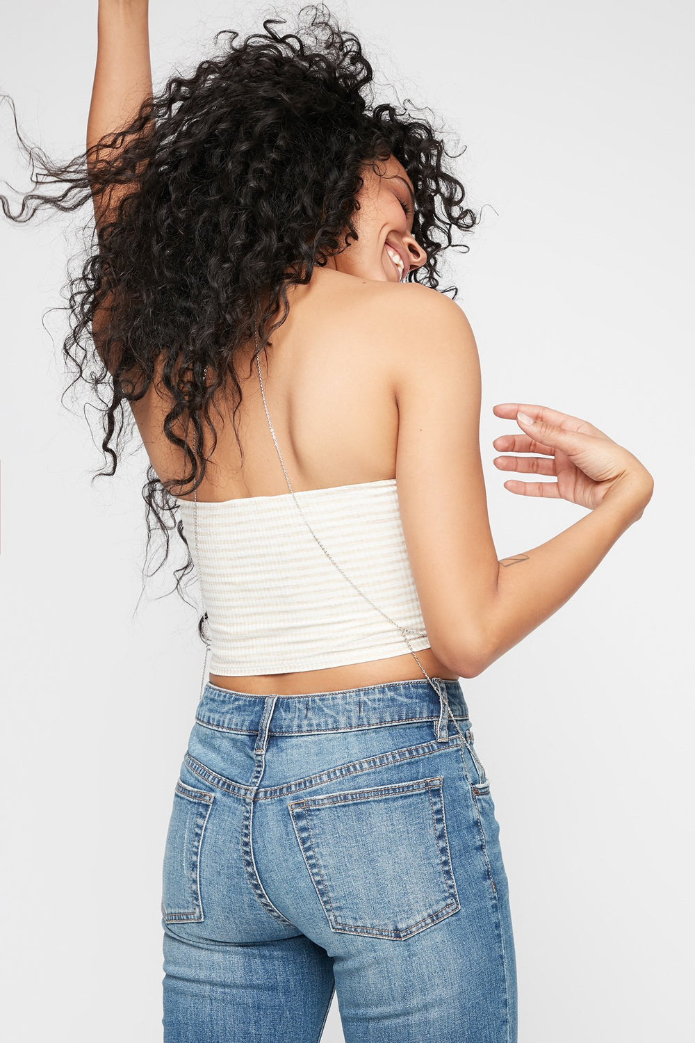 Women Striped Ribbed Cropped Tube Top Khaki