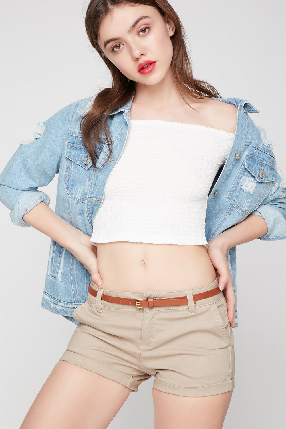Women Mid-Rise Roll-Up Woven Short With Jean Belt Khaki