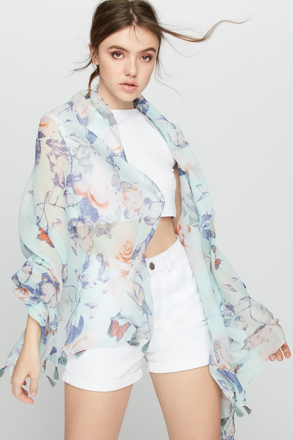 Women Butterfly Roses Oblong Sheer Scarf Light Blue