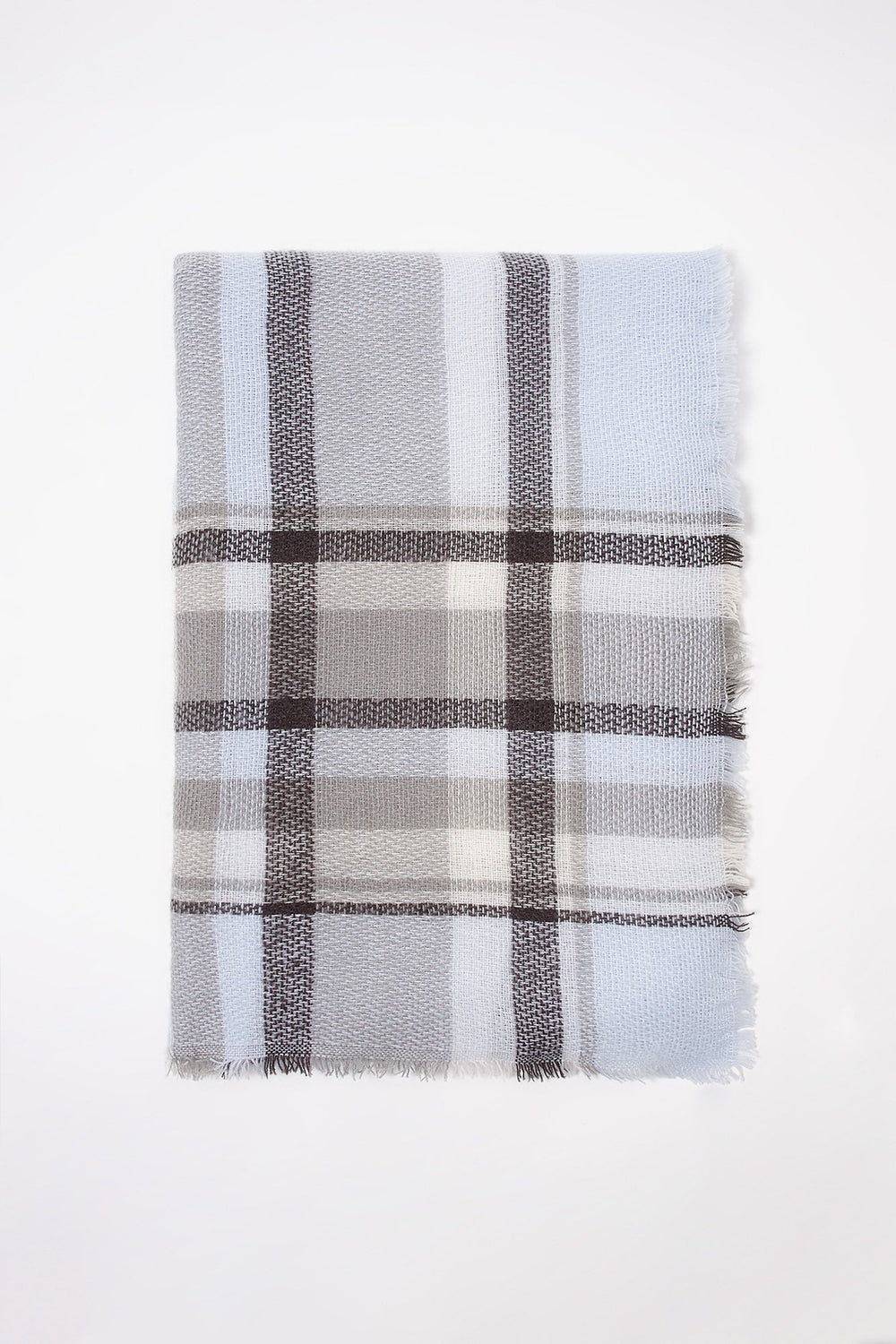 Women Light Blue Plaid Frayed Hem Scarf Light Blue