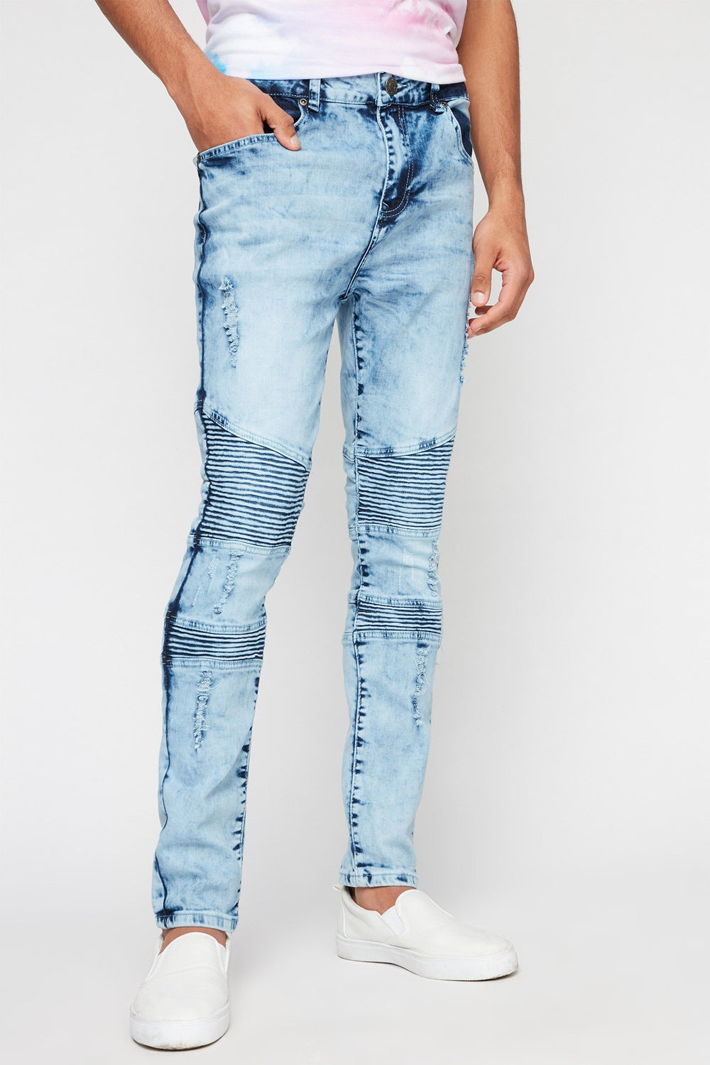 Men Acid Wash Moto Skinny Jean Light Blue