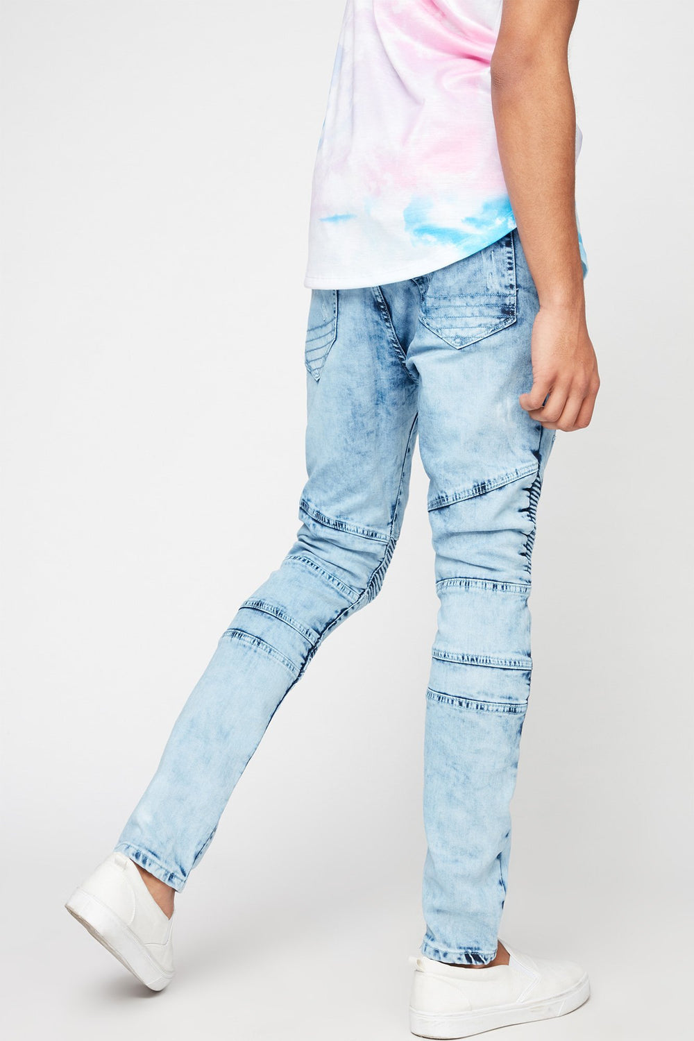 Men Acid Wash Moto Skinny Jean Light Blue