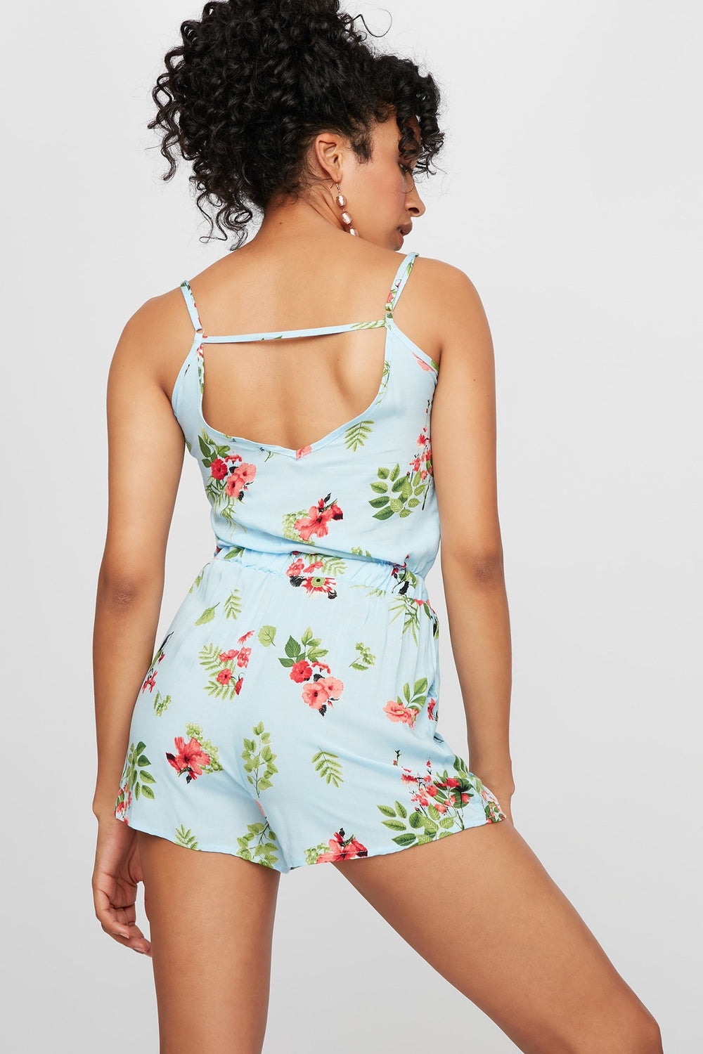 Women Floral Drawstring Romper Light Blue