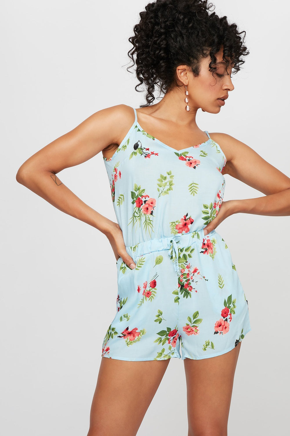 Women Floral Drawstring Romper Light Blue