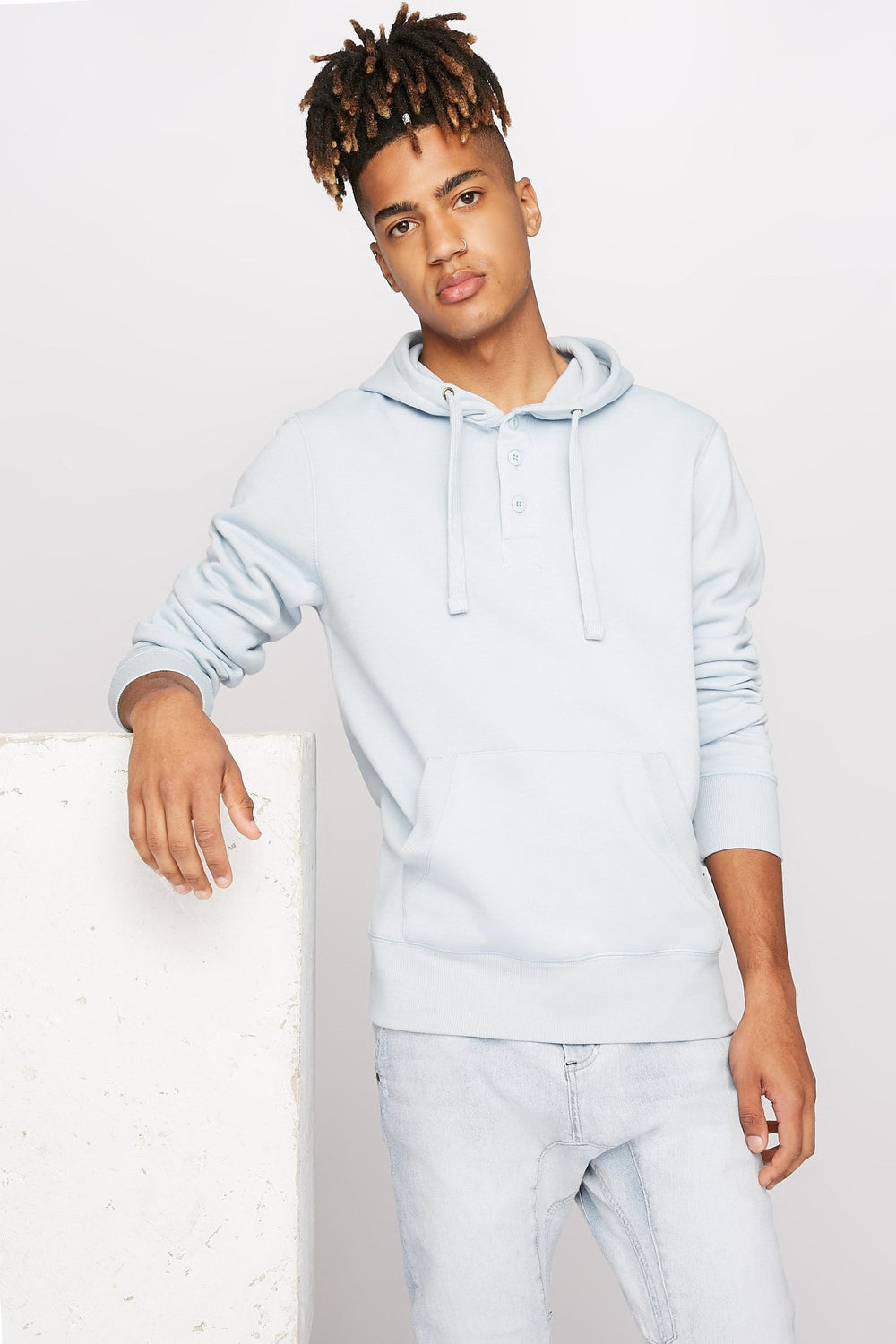 Men Henley Drawstring Popover Hoodie Light Blue