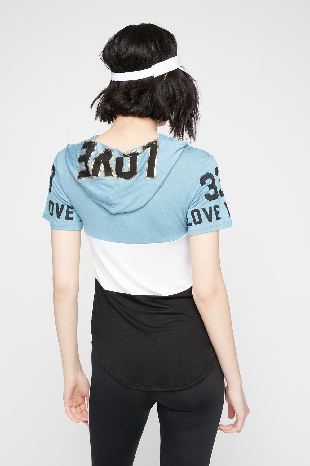 Women Love Colour Block Graphic Hooded T-Shirt Light Blue