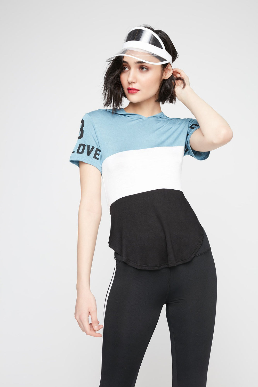 Women Love Colour Block Graphic Hooded T-Shirt Light Blue