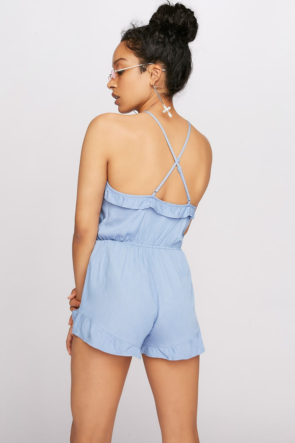 Women Mock-Neck Ruffle Cinched Romper Light Blue