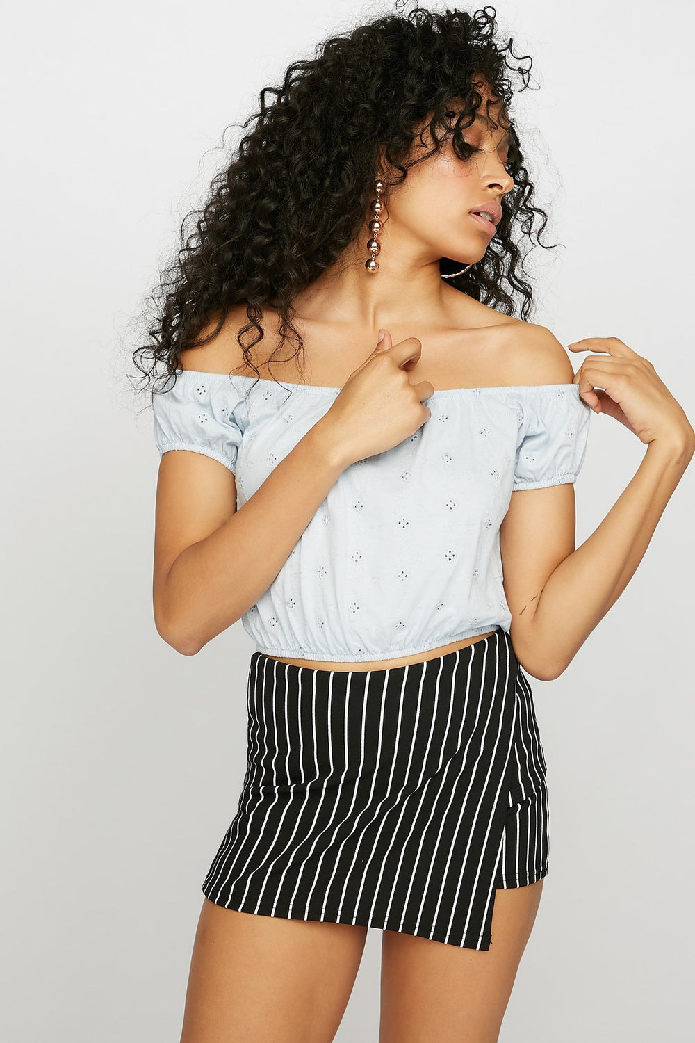 Women Off The Shoulder Perforated Cropped Blouse Light Blue