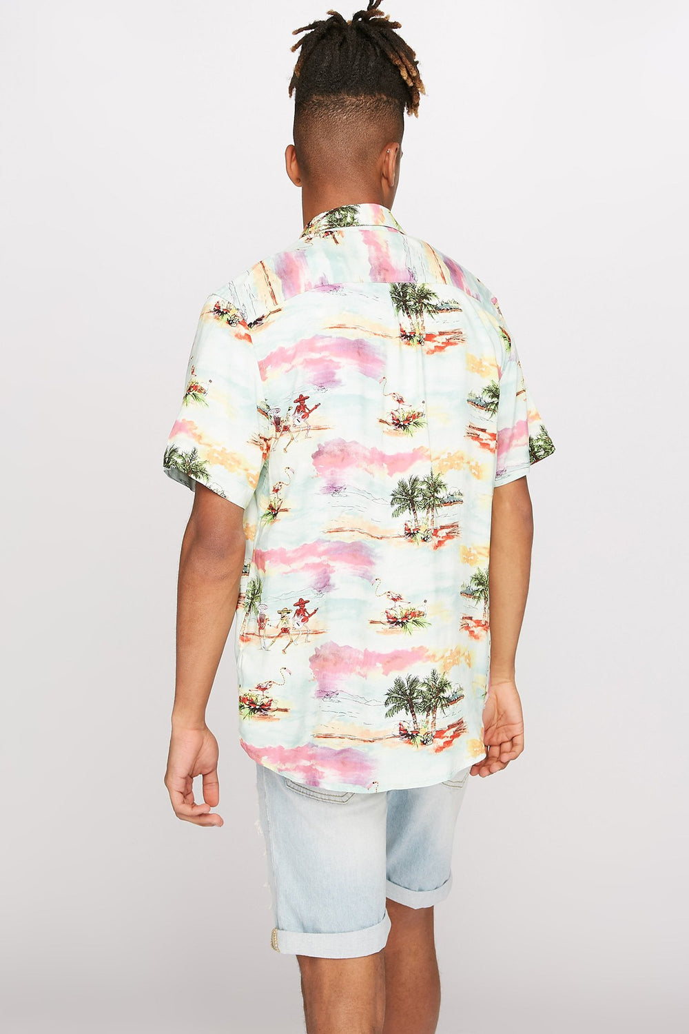 Men Palm Trees Printed Button-Up Short Sleeve Shirt Light Blue