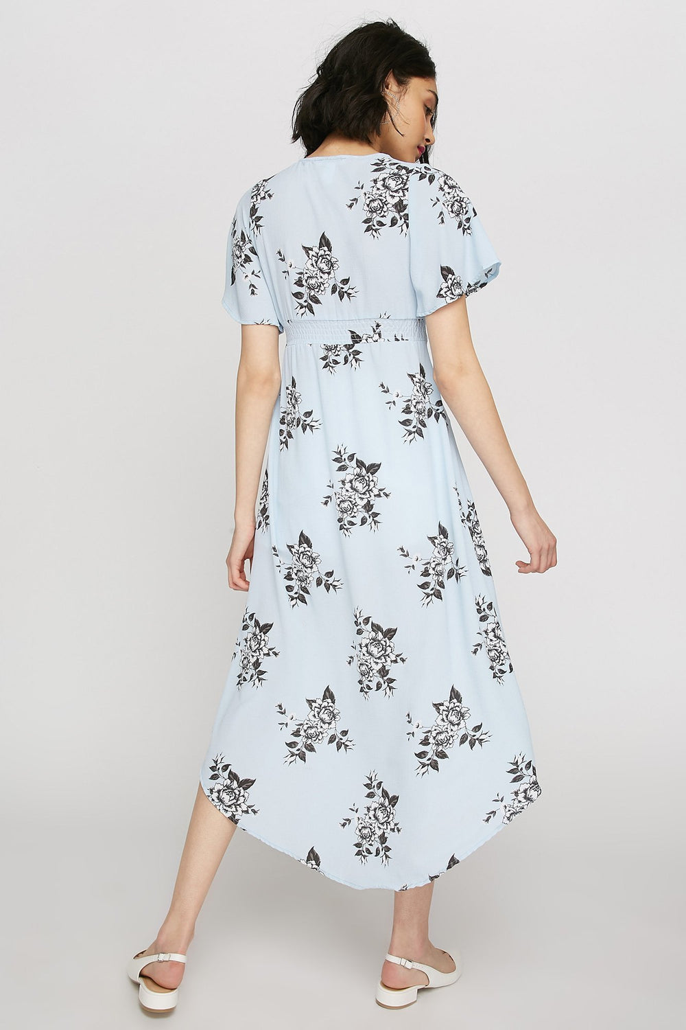 women Printed High-Low Button Front Kimono Cardigan Light Blue