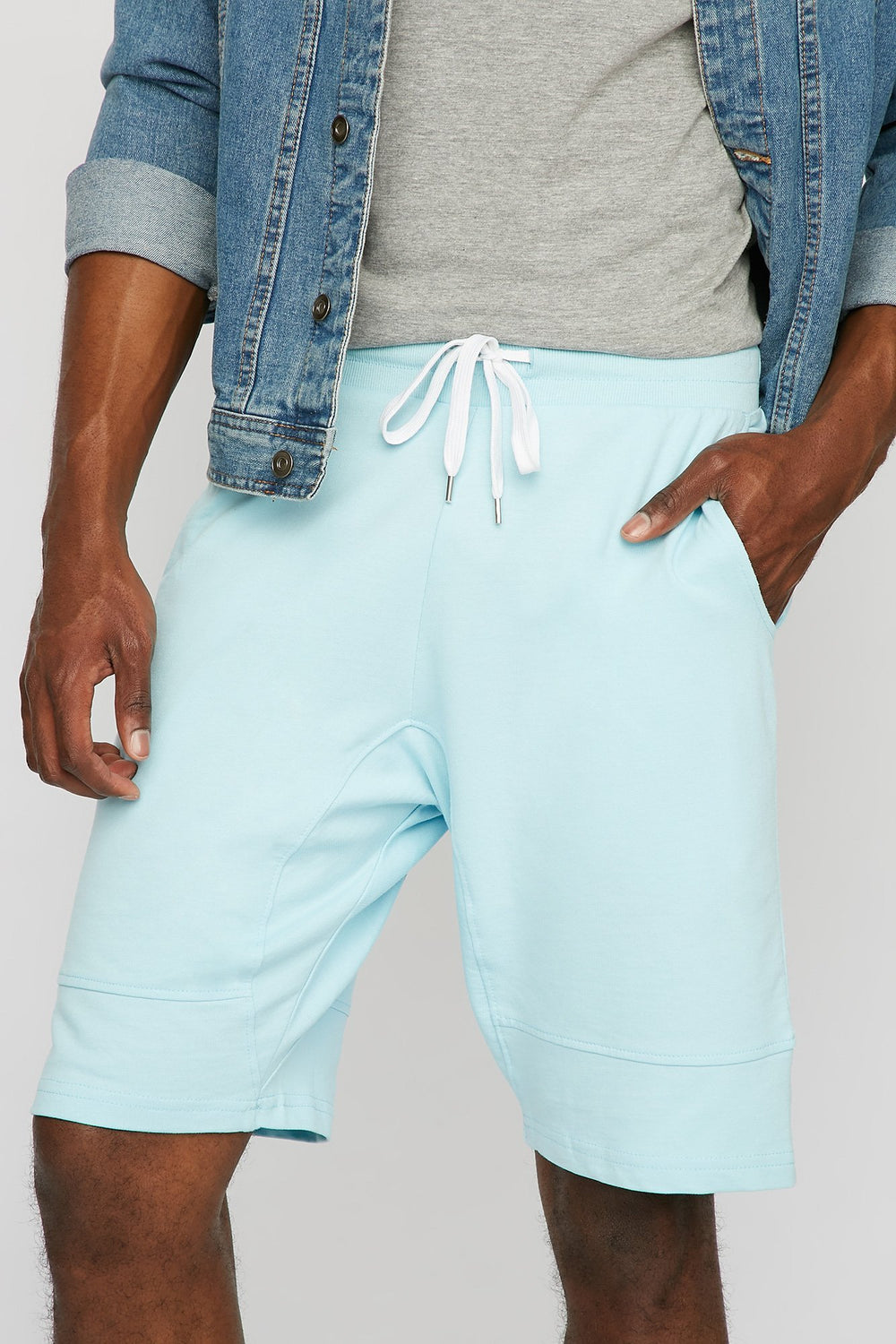 Men Slim Fleece Ribbed Drawstring Jogger Short Light Blue