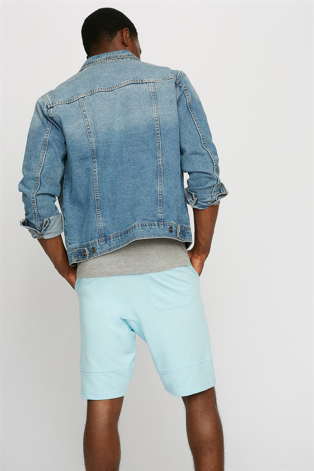 Men Slim Fleece Ribbed Drawstring Jogger Short Light Blue