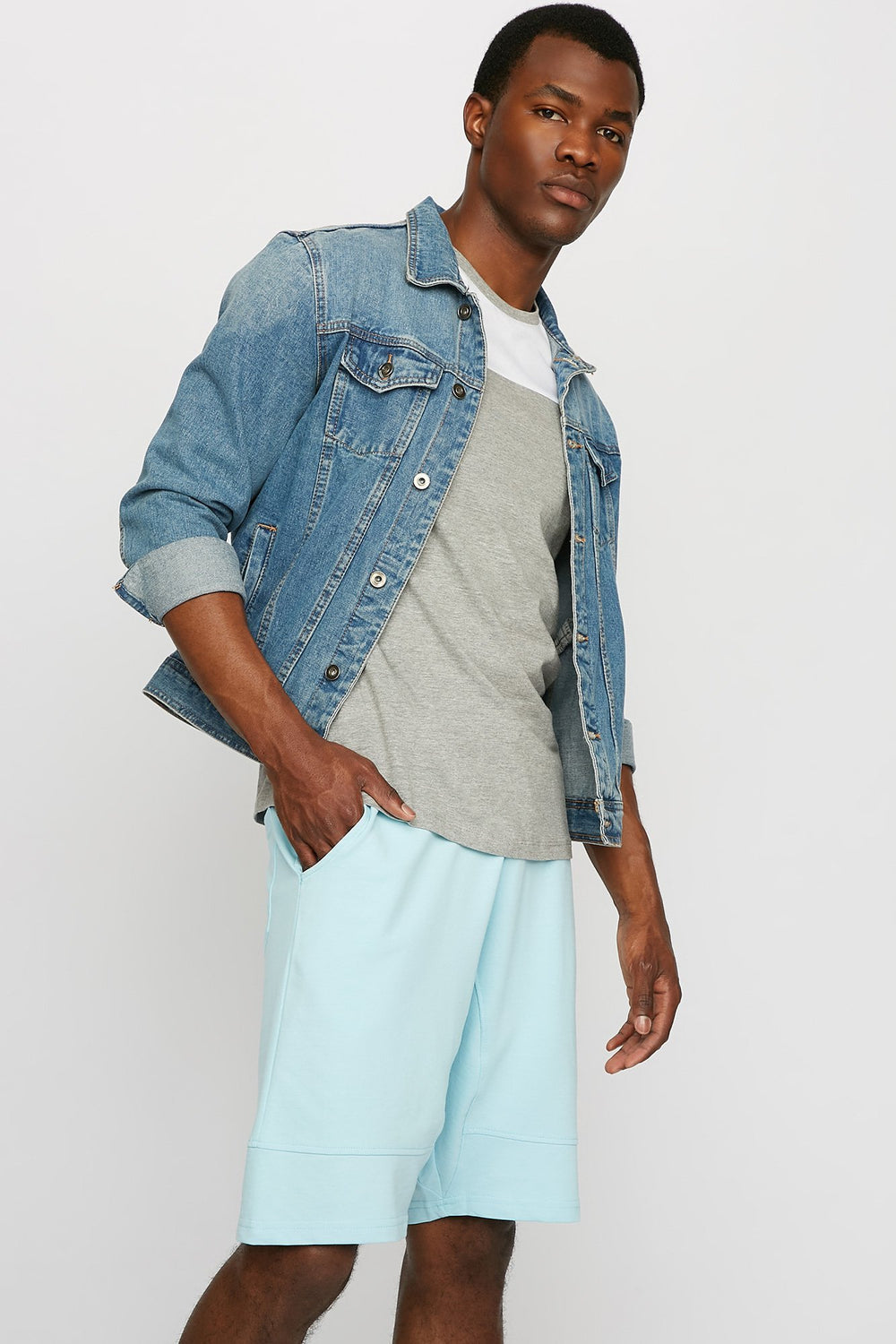 Men Slim Fleece Ribbed Drawstring Jogger Short Light Blue