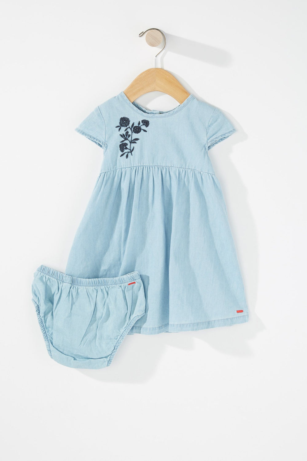 Kids Baby Girl Floral Embroidered Chambray 3-Tier Dress Light Blue