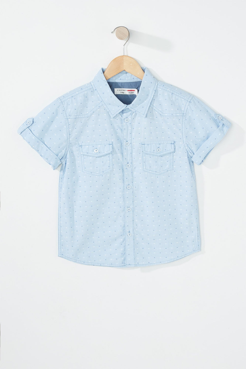 Kids Boys Button-Up Double Pocket Polka Dot Short Sleeve Shirt Light Blue