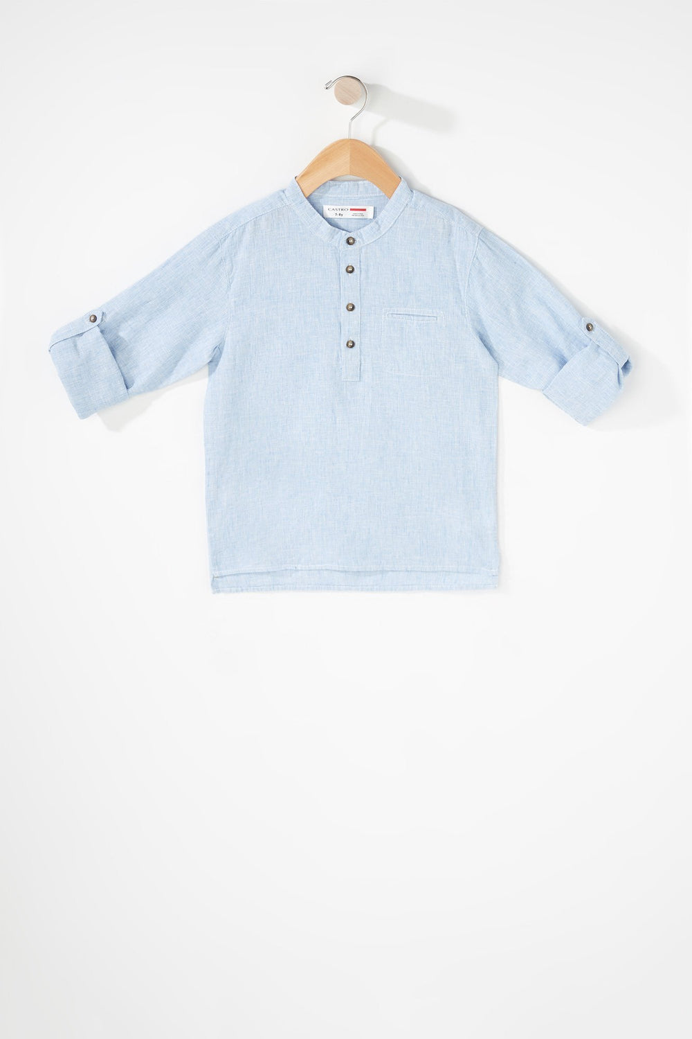 Kids Boys Linen Henley Button-Up Shirt Light Blue
