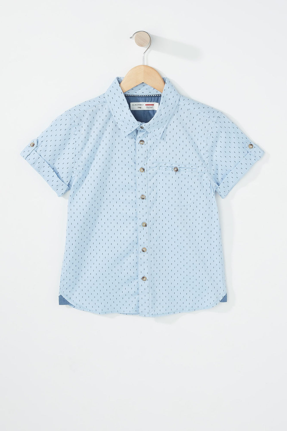 Kids Boys Roll-Tab Button-Up Printed Short Sleeve Shirt Light Blue