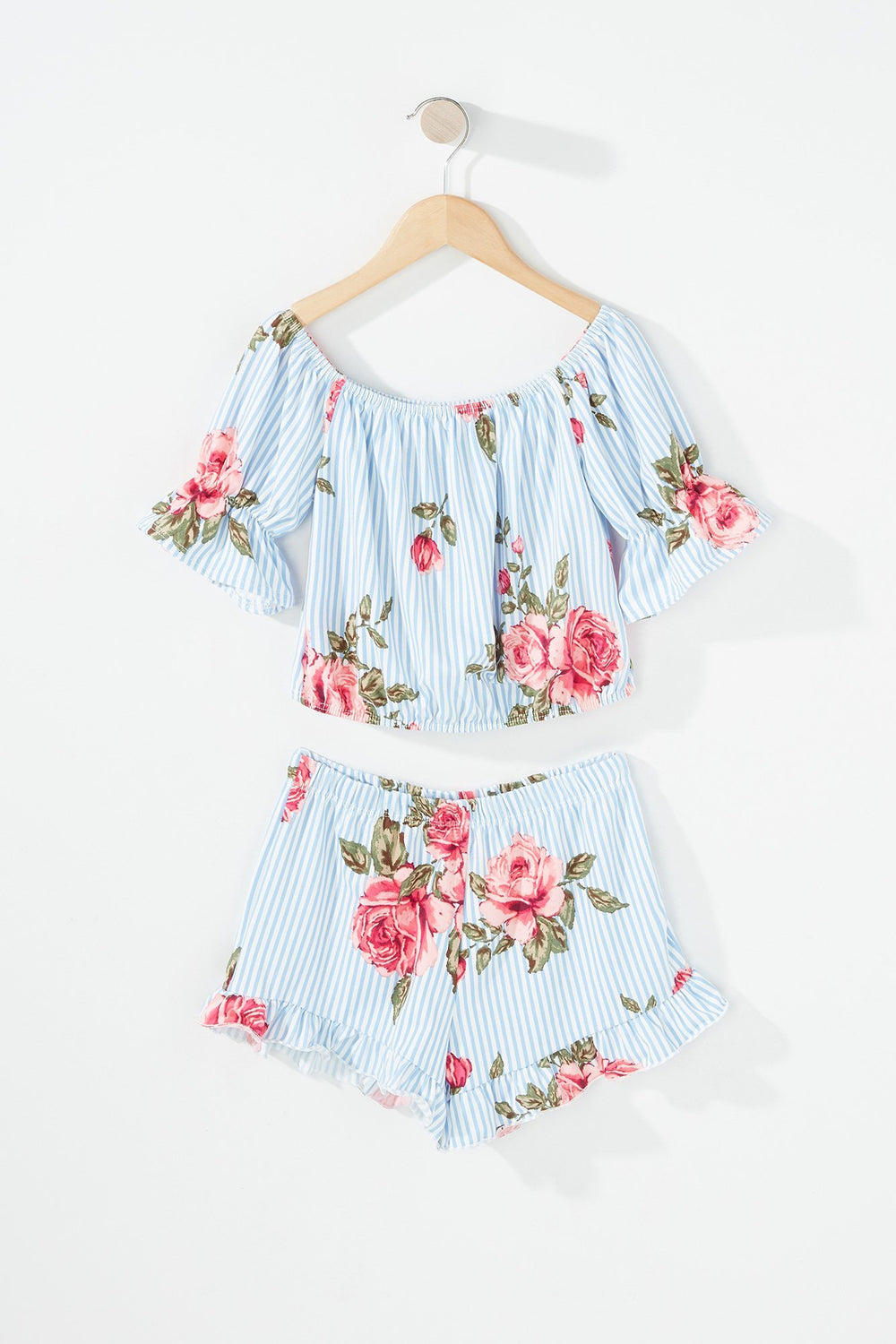 Kids Girls 2-Piece Floral Ruffle Blouse & Short Set Light Blue