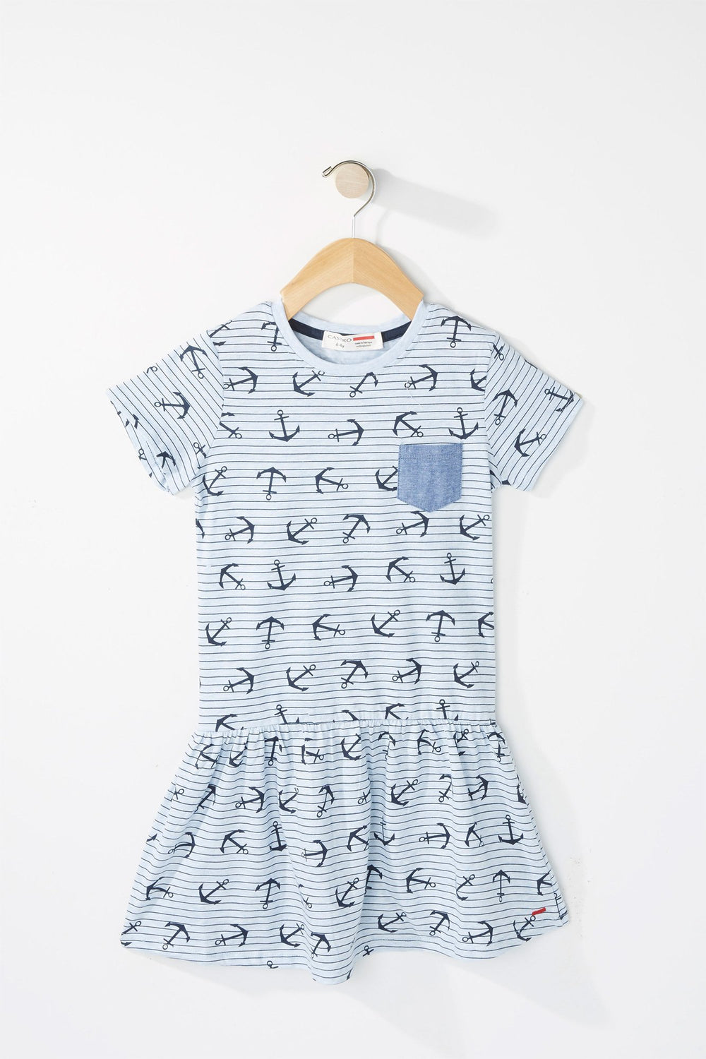 Kids Girls Chambray Pocket Leaf Printed Peplum Dress Light Blue