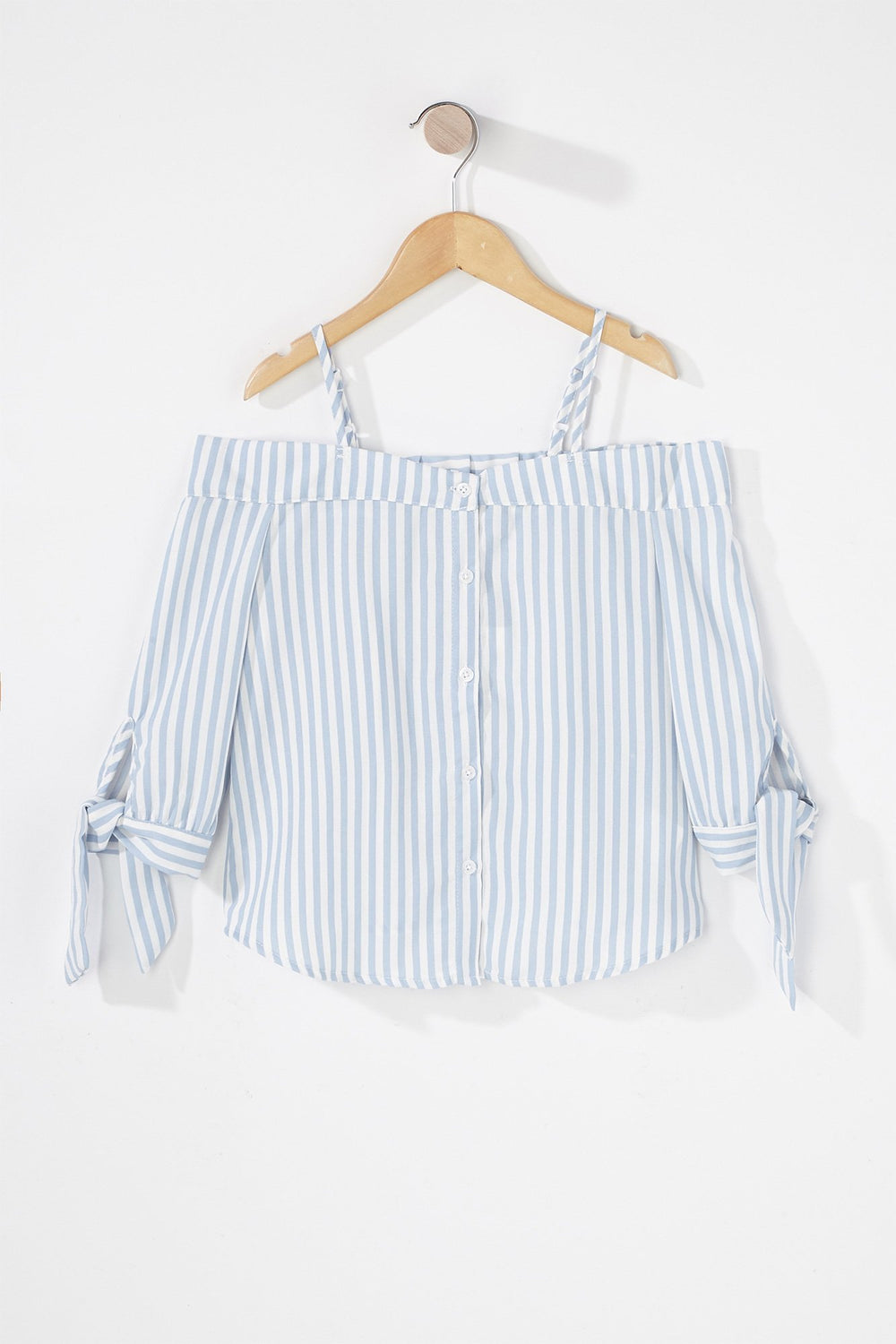 Kids Girls Cold Shoulder Button-Up Sleeve-Tie Blouse Light Blue