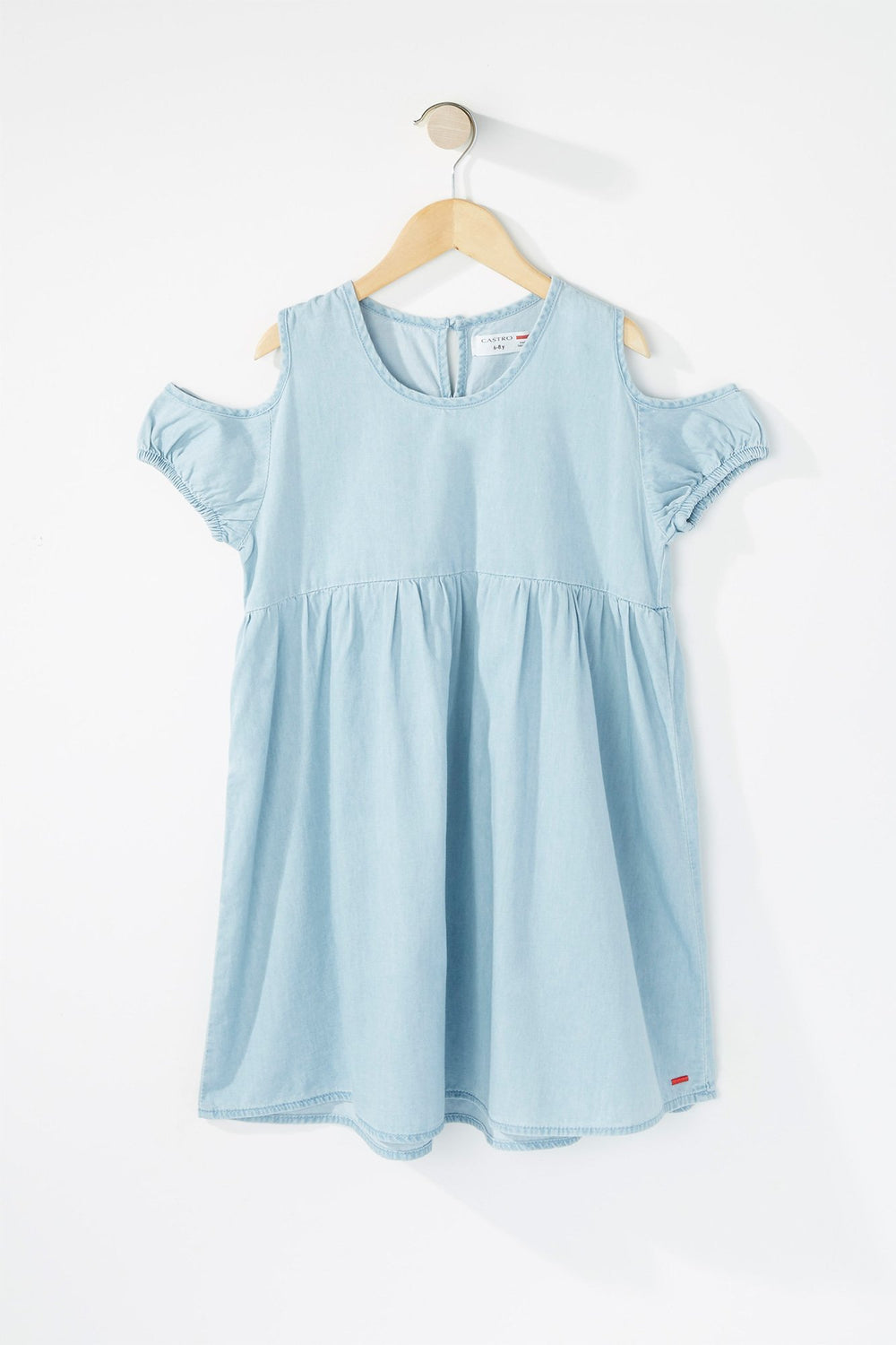 Kids Girls Cold Shoulder Chambray Pleated Dress Light Blue