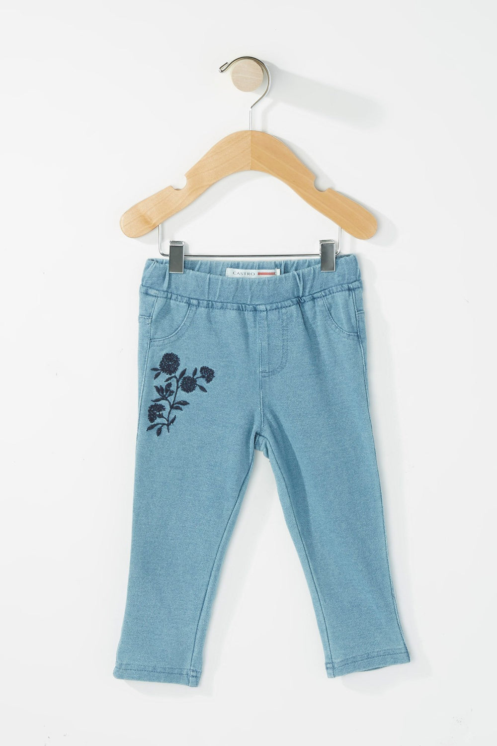 Kids Girls Floral Embroidered Denim Legging Light Blue
