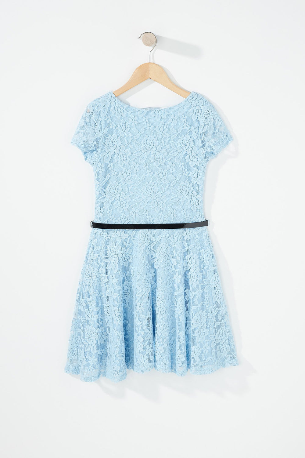 Kids Girls Lace Belted Skater Dress Light Blue