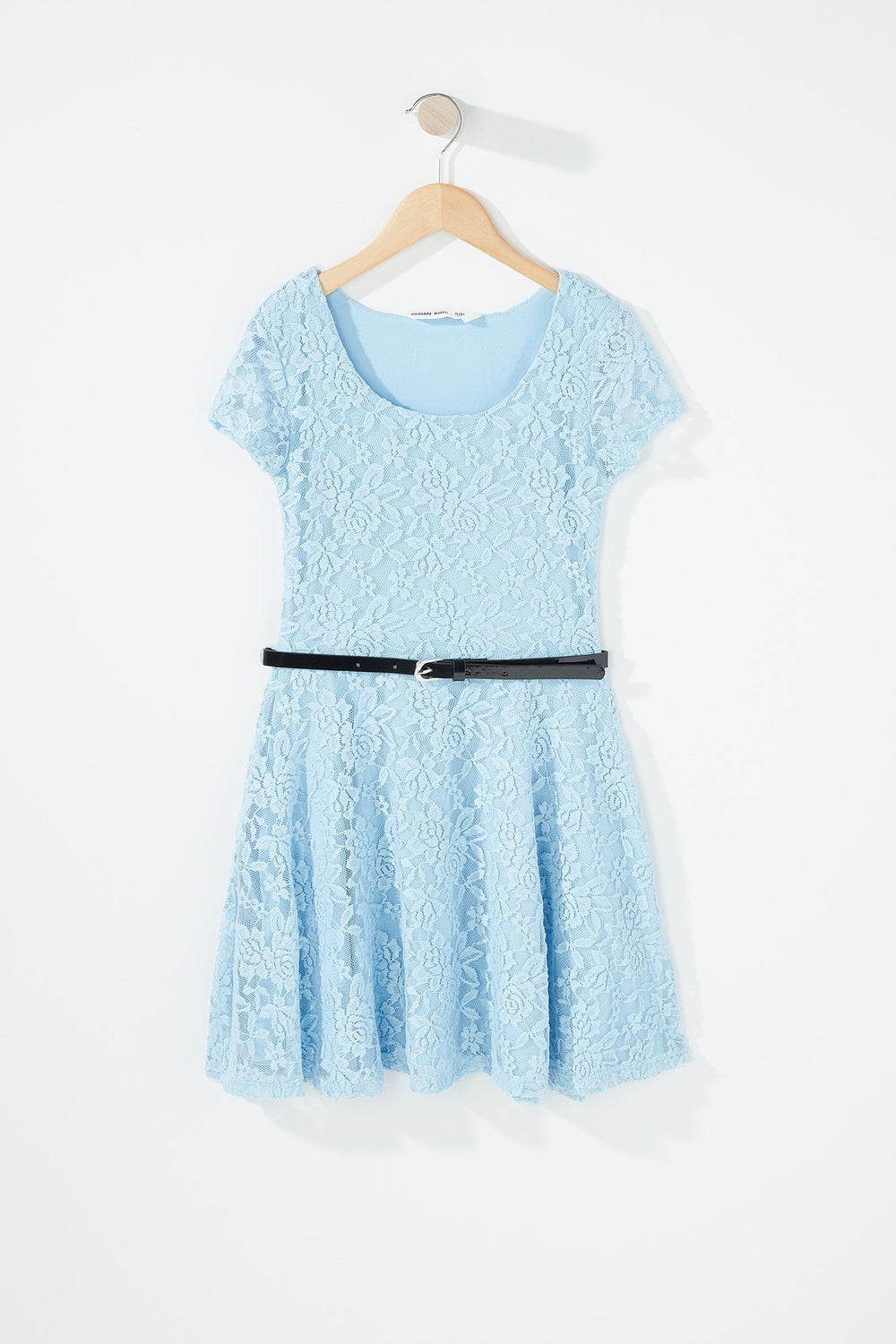 Kids Girls Lace Belted Skater Dress Light Blue