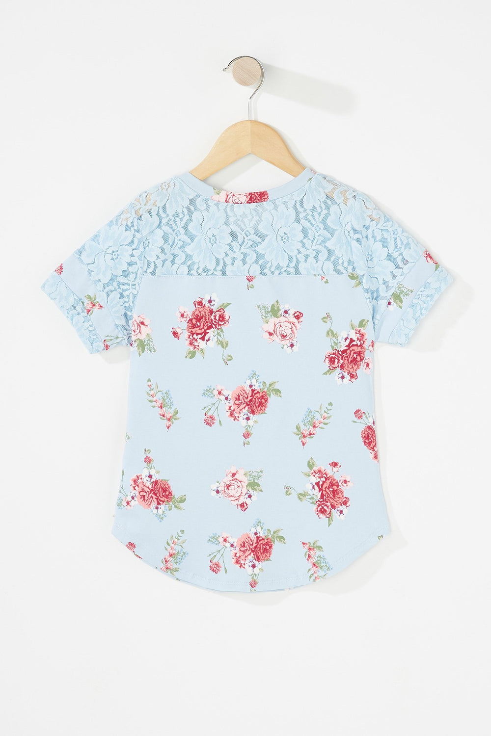 Kids Girls Lace Sleeve Varsity Stripe Floral T-Shirt Light Blue