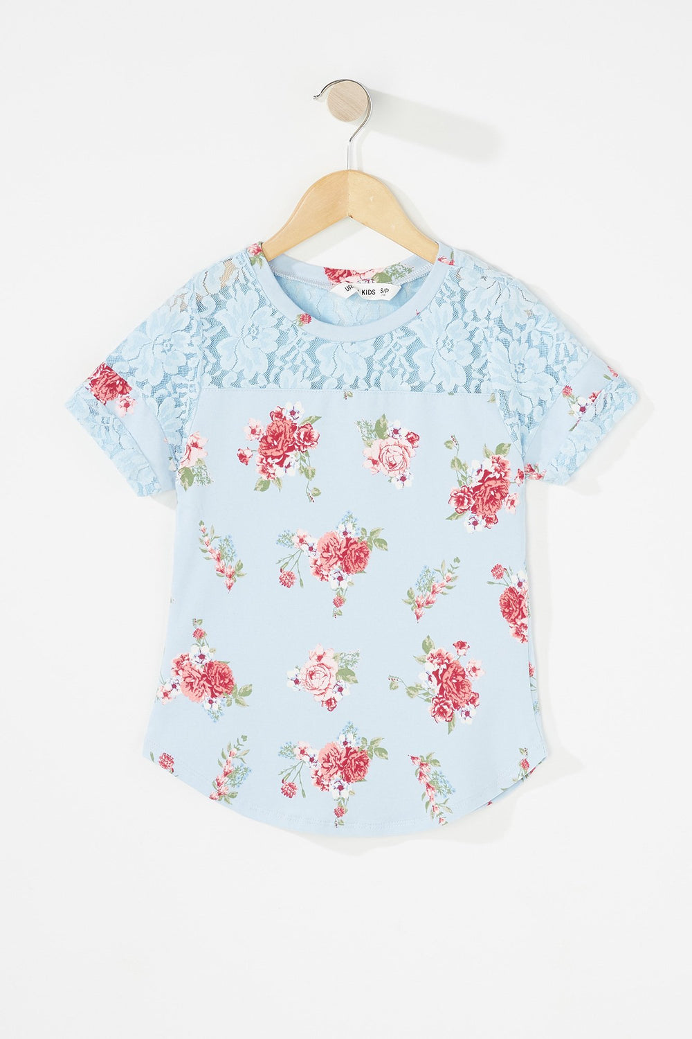 Kids Girls Lace Sleeve Varsity Stripe Floral T-Shirt Light Blue