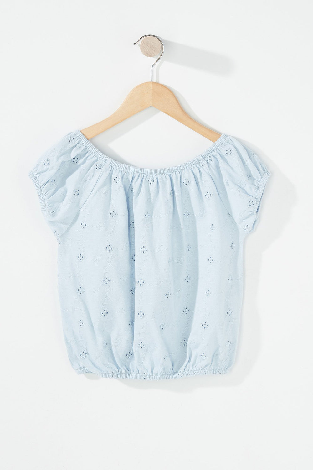 Kids Girls Off The Shoulder Perforated Cropped Blouse Light Blue