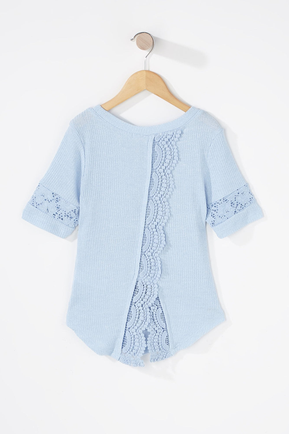Kids Girls Ribbed Crochet Dolphin Hem Graphic T-Shirt Light Blue