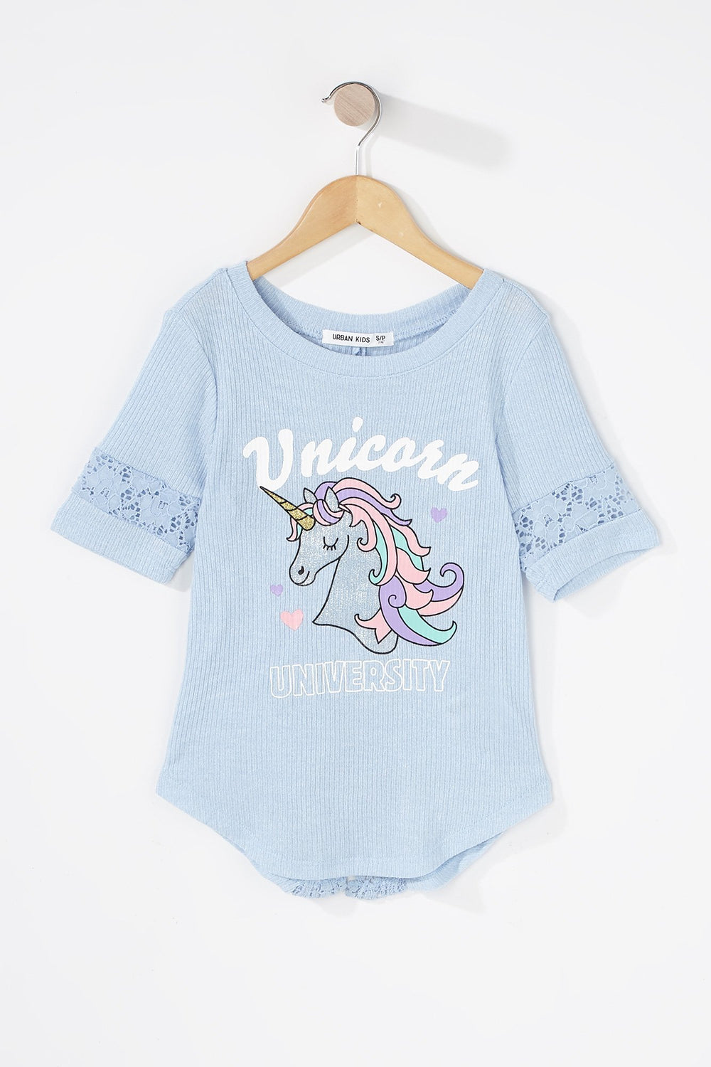 Kids Girls Ribbed Crochet Dolphin Hem Graphic T-Shirt Light Blue