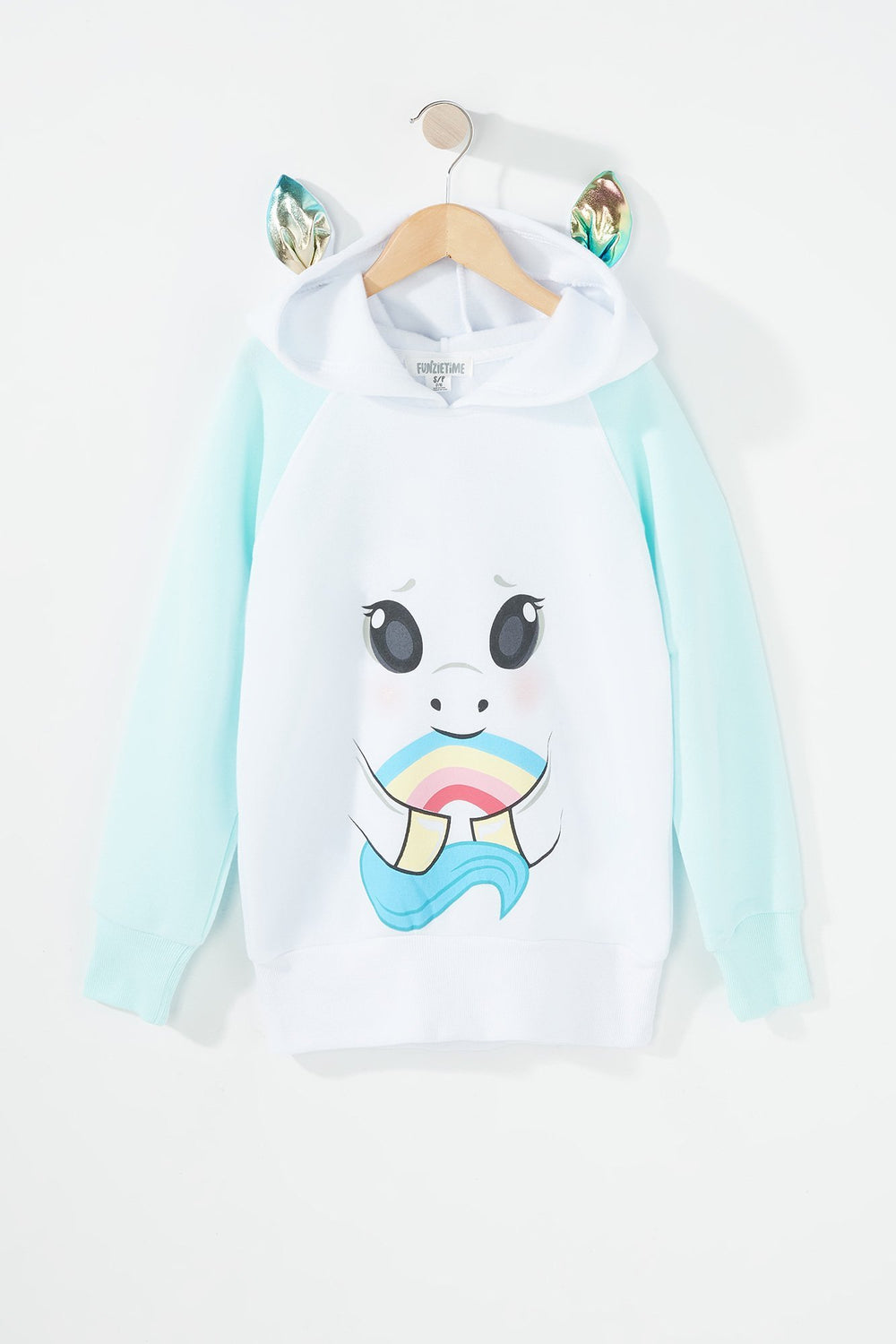 Kids Girls Unicorn Colour Block Character Popover Hoodie Light Blue
