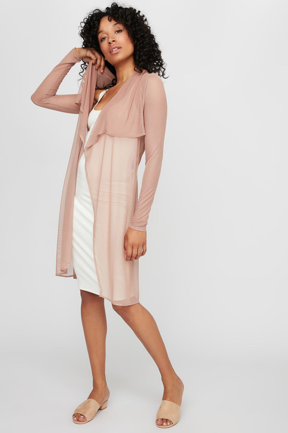 Women Mesh Belted Longline Waterfall Cardigan Light Brown