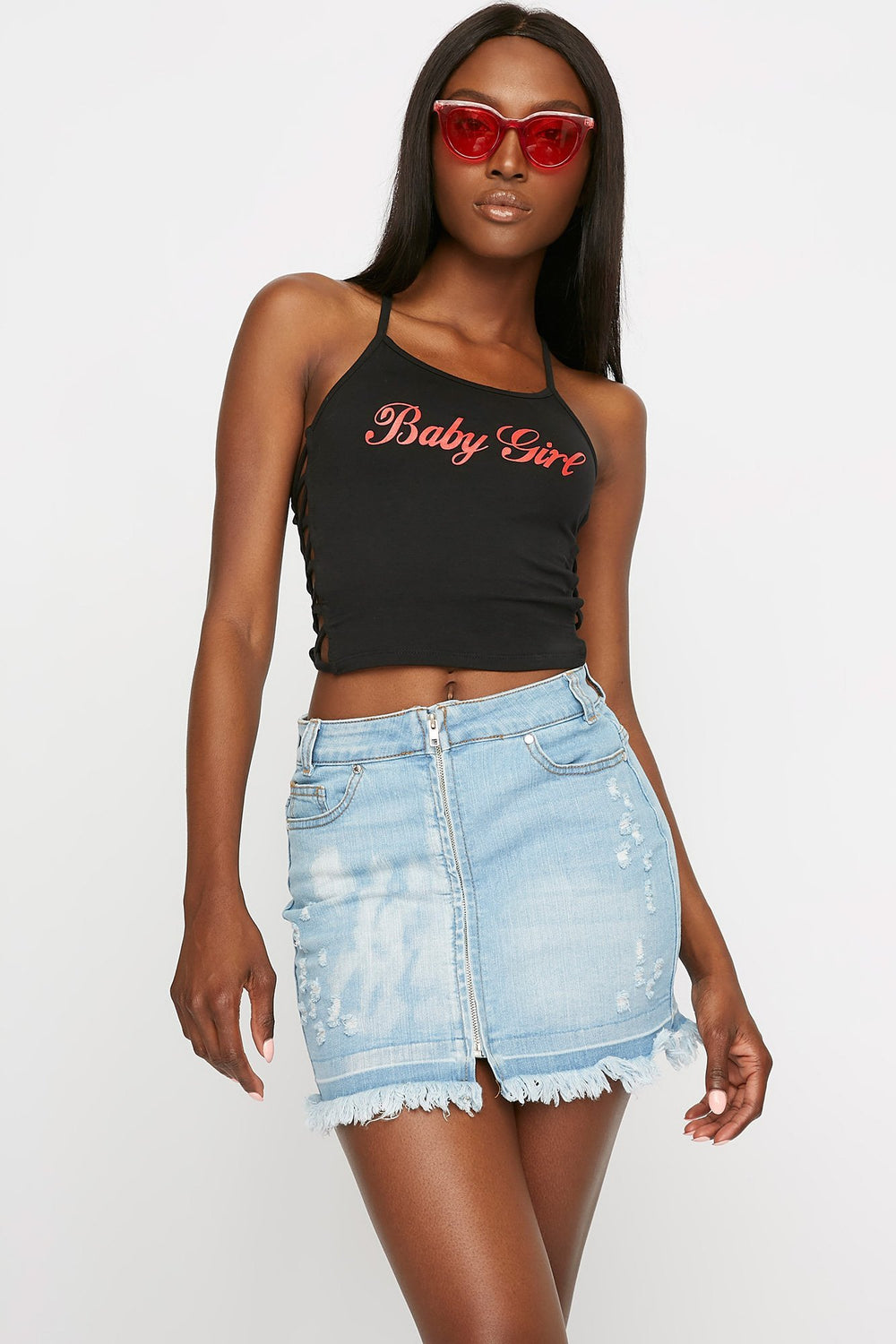 Women Distressed Frayed Hem Zip-Up Mini Denim Skirt Light Denim Blue