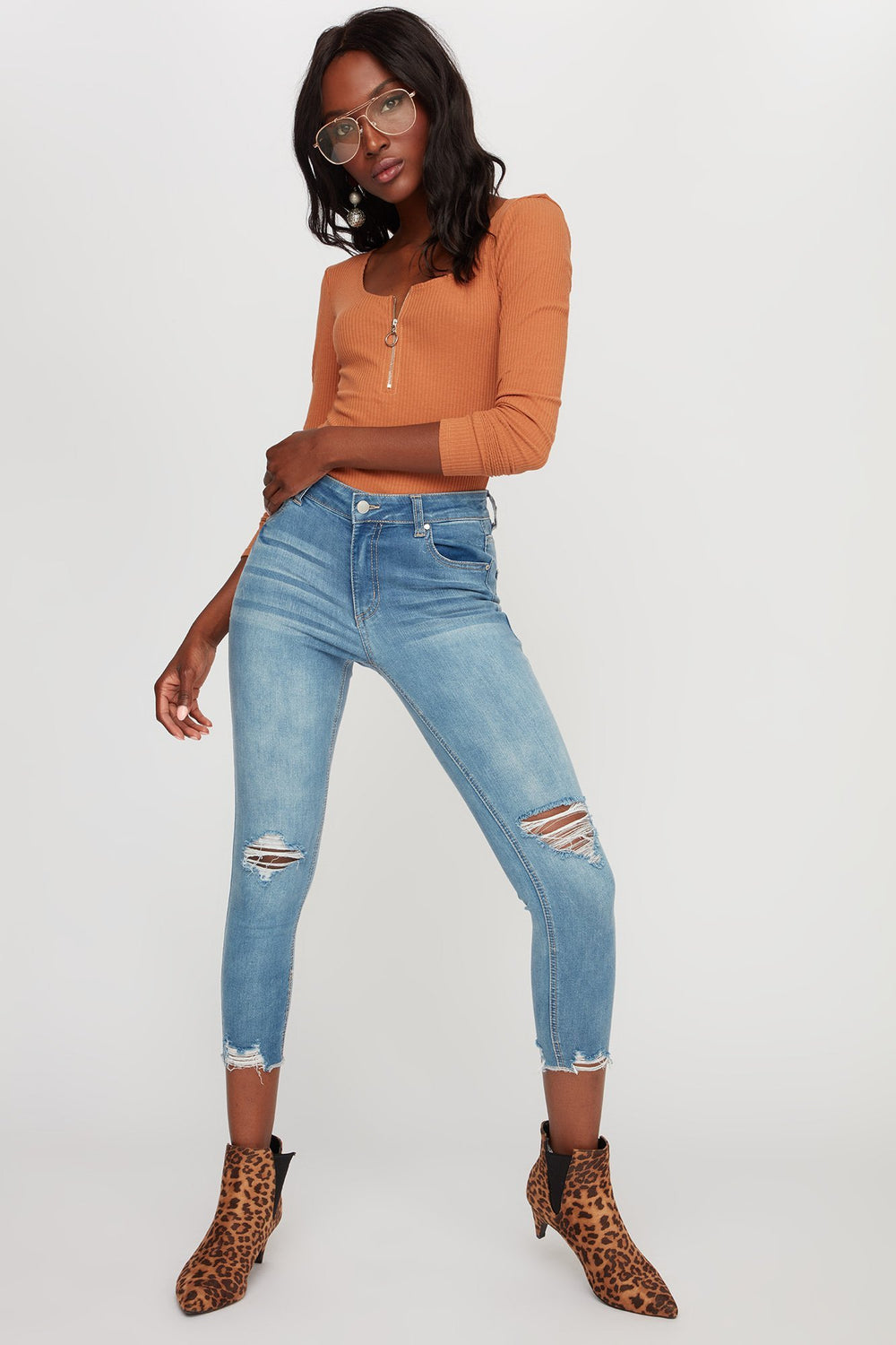Women High-Rise Distressed Cropped Skinny Jean Light Denim Blue