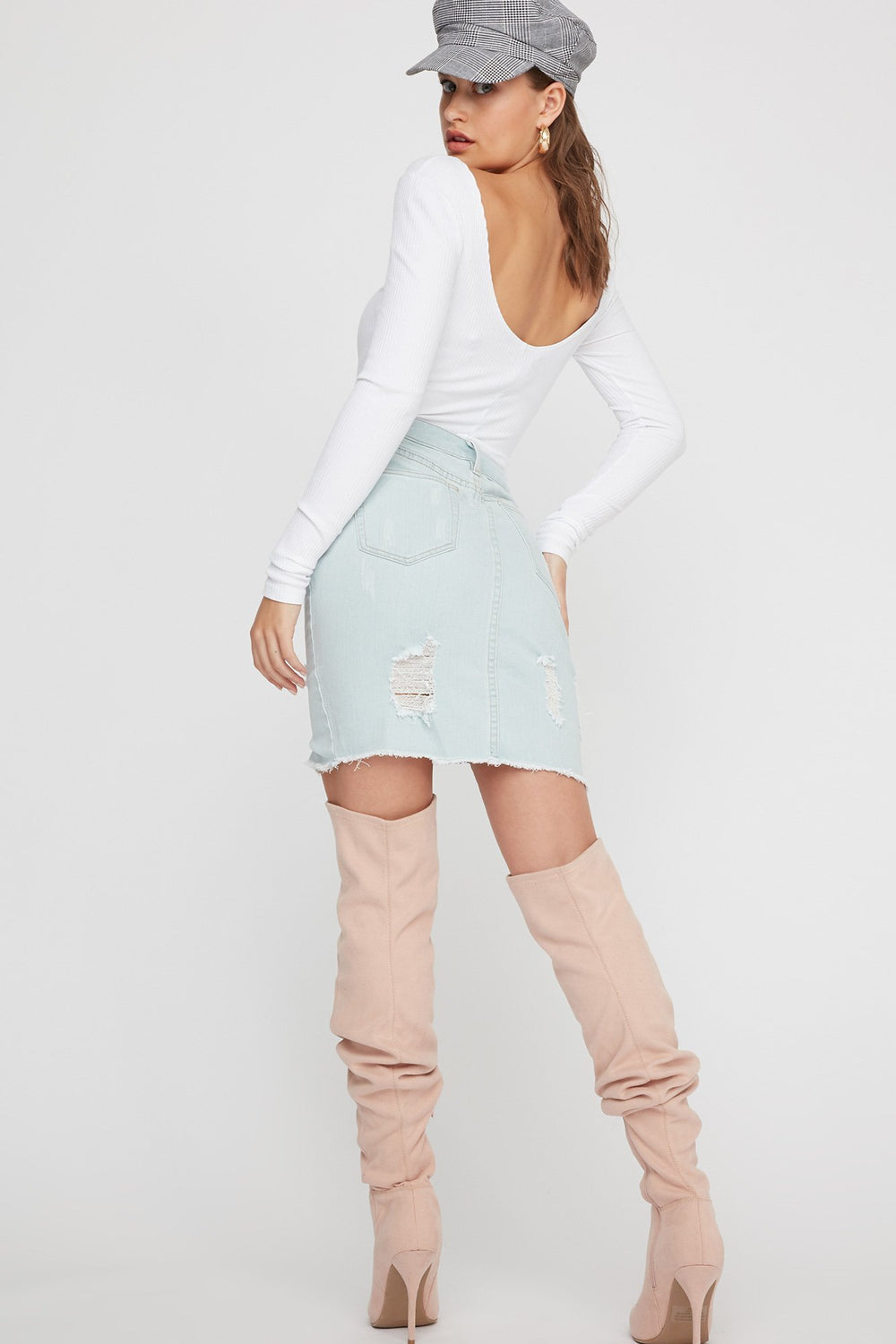 Women High-Rise Distressed V-Cut Denim Skirt Light Denim Blue
